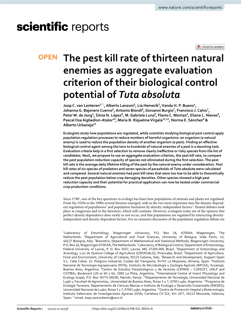 The Pest Kill Rate of Thirteen Natural Enemies As Aggregate Evaluation Criterion of Their Biological Control Potential of Tuta Absoluta Joop C