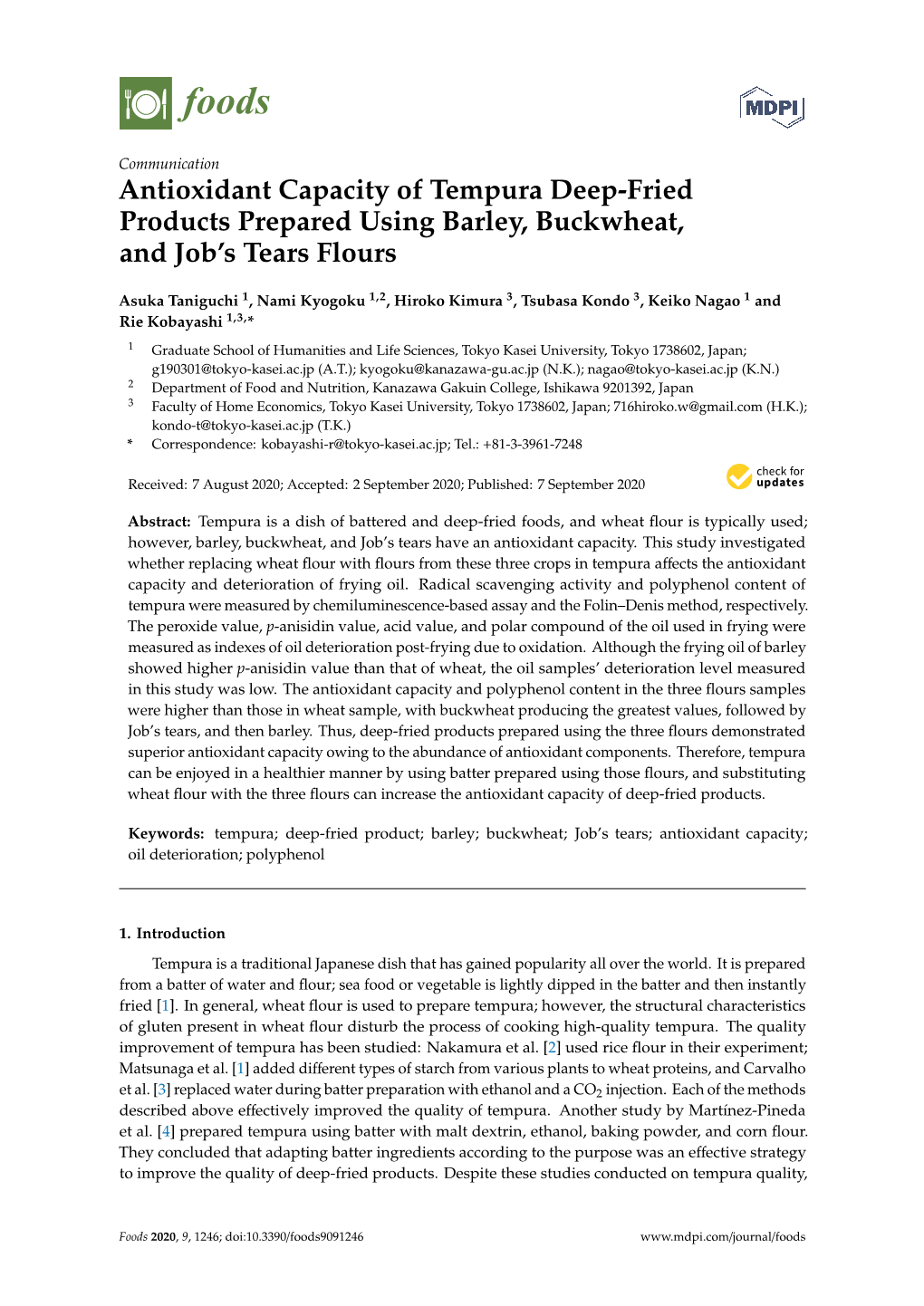 Antioxidant Capacity of Tempura Deep-Fried Products Prepared Using Barley, Buckwheat, and Job’S Tears Flours