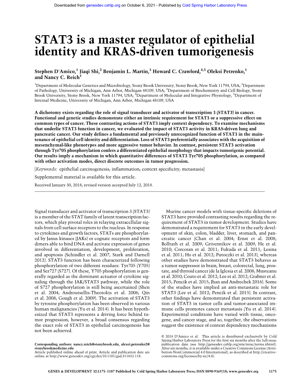 STAT3 Is a Master Regulator of Epithelial Identity and KRAS-Driven Tumorigenesis