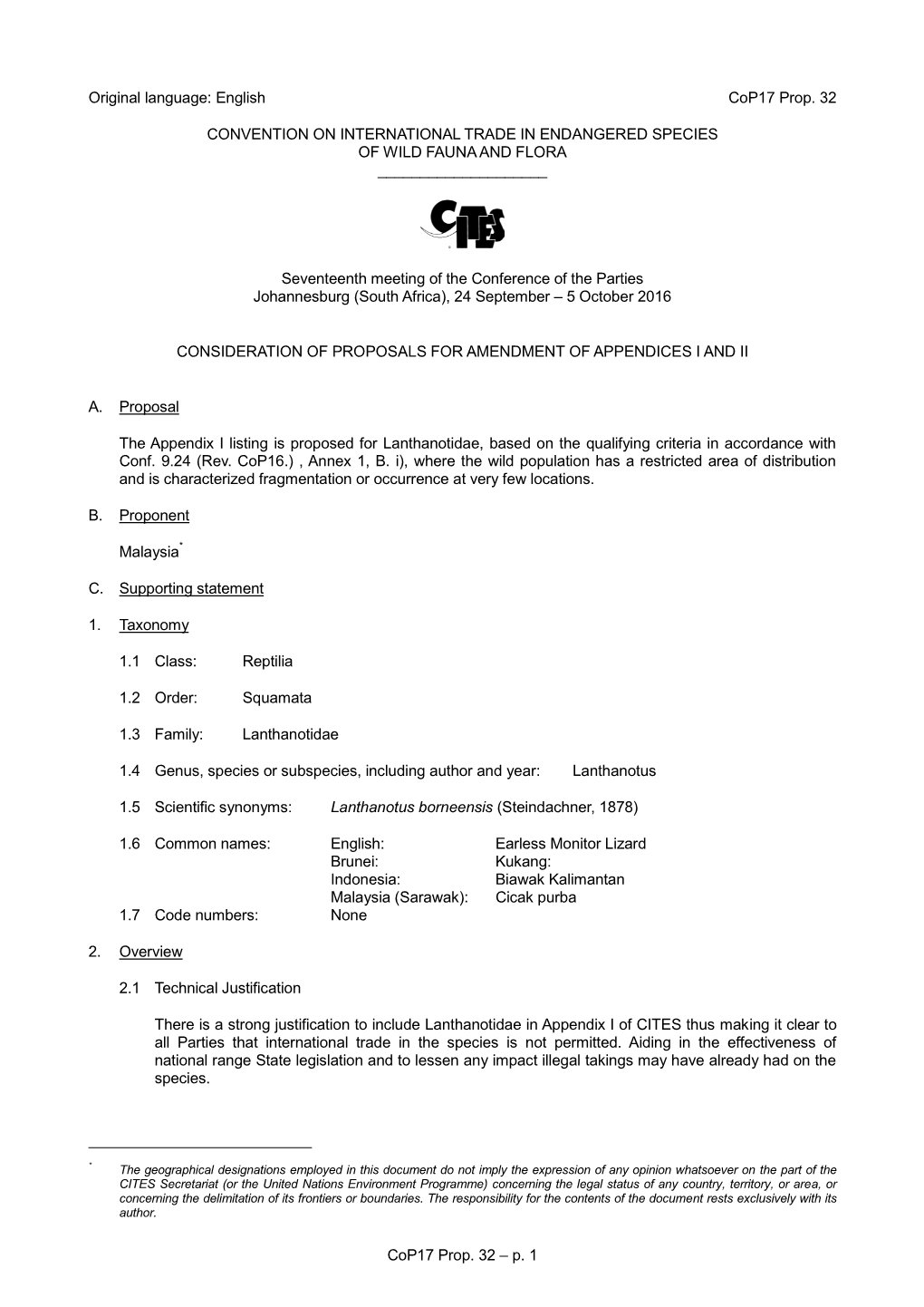 Proposal for Amendment of Appendix I Or II for CITES Cop16