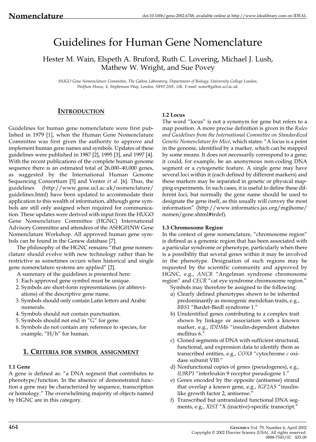 Guidelines for Human Gene Nomenclature