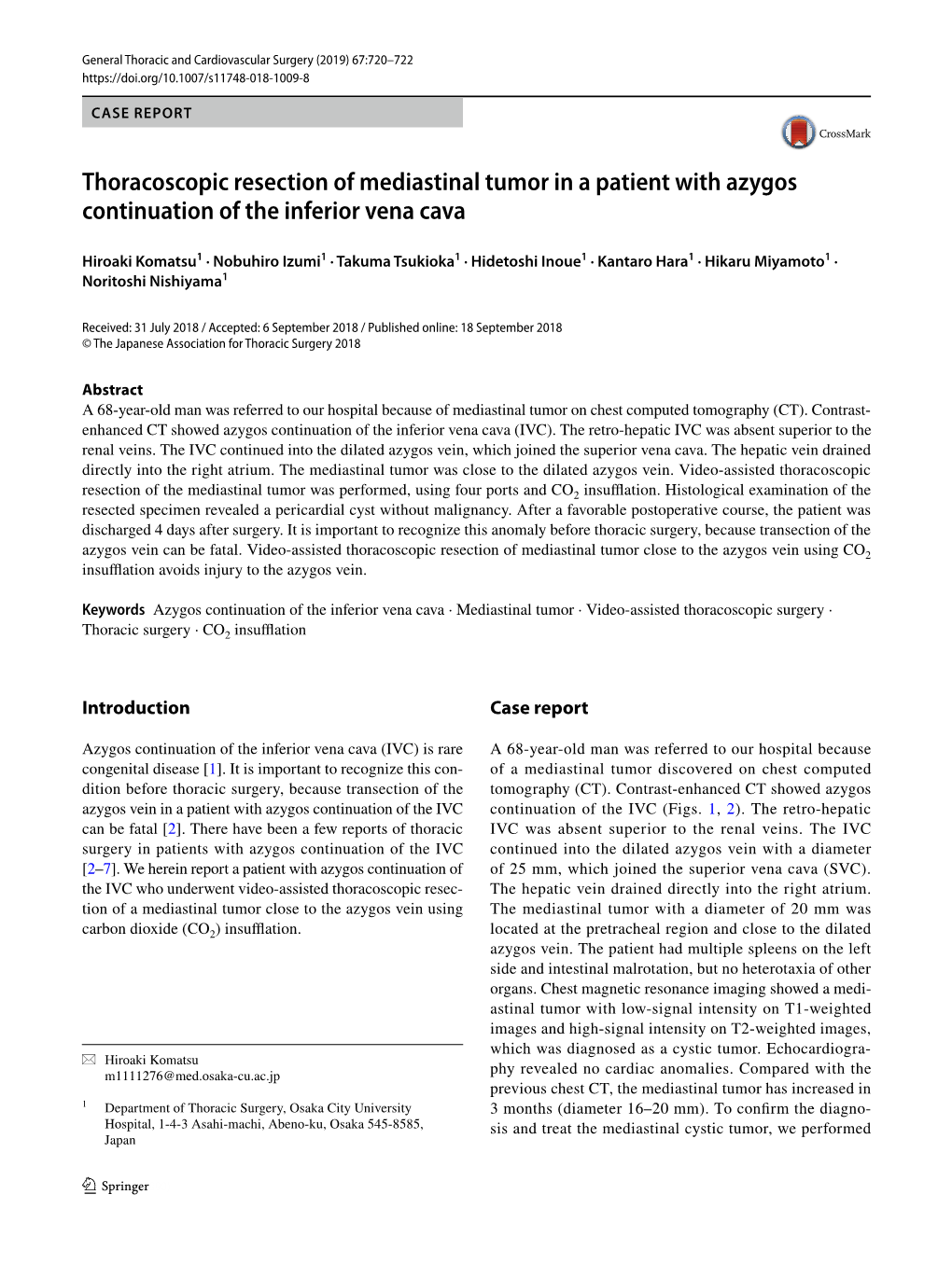 Thoracoscopic Resection of Mediastinal Tumor in a Patient with Azygos Continuation of the Inferior Vena Cava