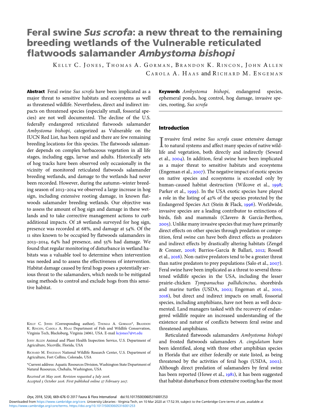 Feral Swine Sus Scrofa: a New Threat to the Remaining Breeding Wetlands of the Vulnerable Reticulated Flatwoods Salamander Ambystoma Bishopi