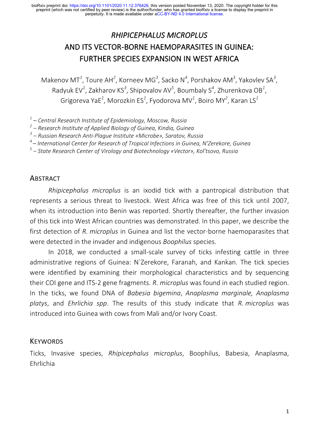 Rhipicephalus Microplus and Its Vector-Borne Haemoparasites in Guinea: Further Species Expansion in West Africa