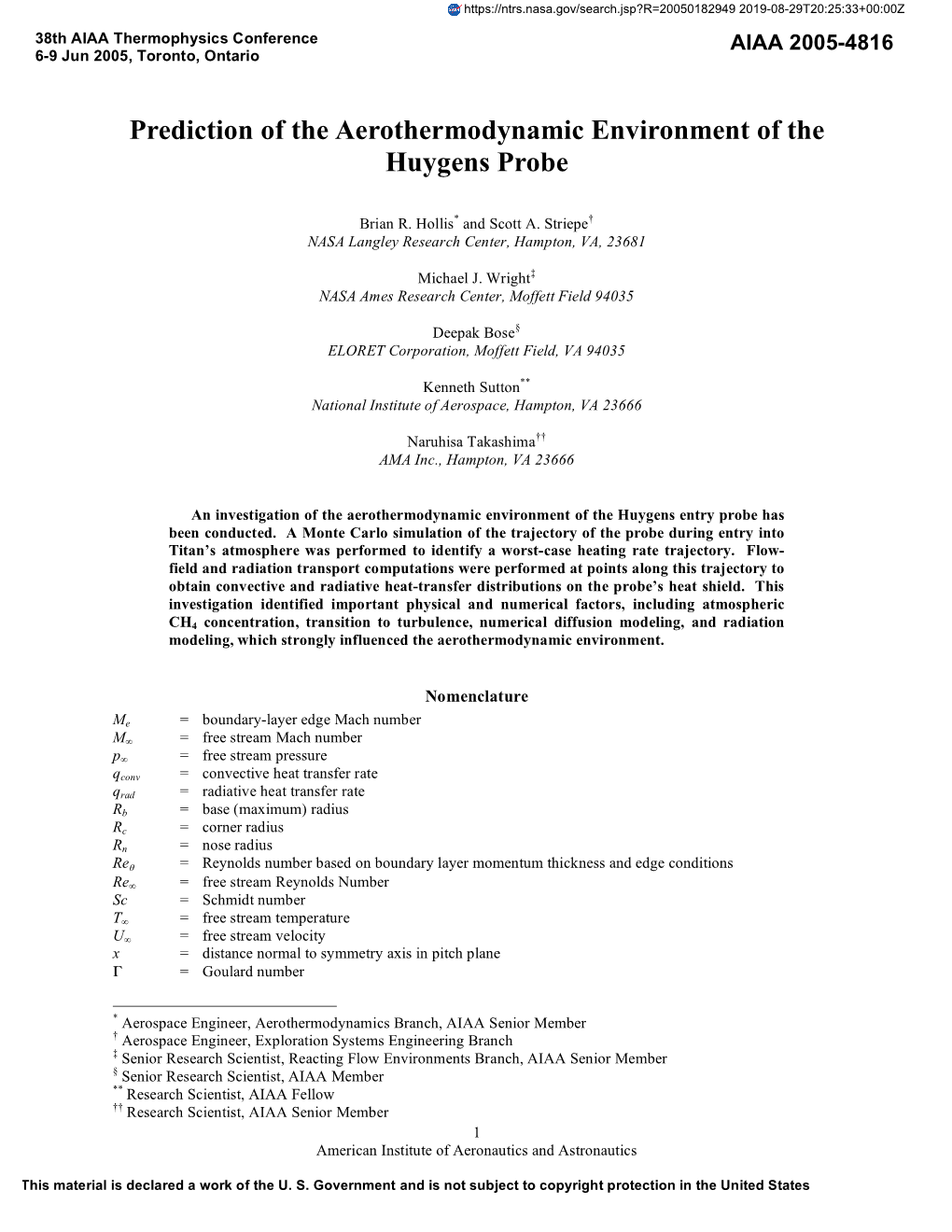 Prediction of the Aerothermodynamic Environment of the Huygens Probe