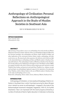 Anthropology of Civilization: Personal Reflections on Anthropological Approach in the Study of Muslim Societies in Southeast Asia
