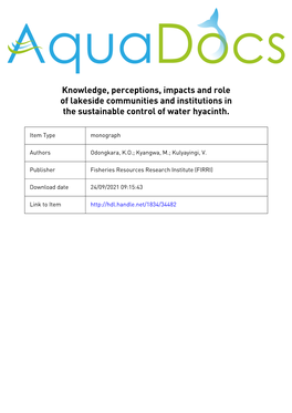 Knowlege, Perceptions, Impacts and Roles of Lakeside Communmies and Institutions in the Sustainable Control of Water Hyacinth