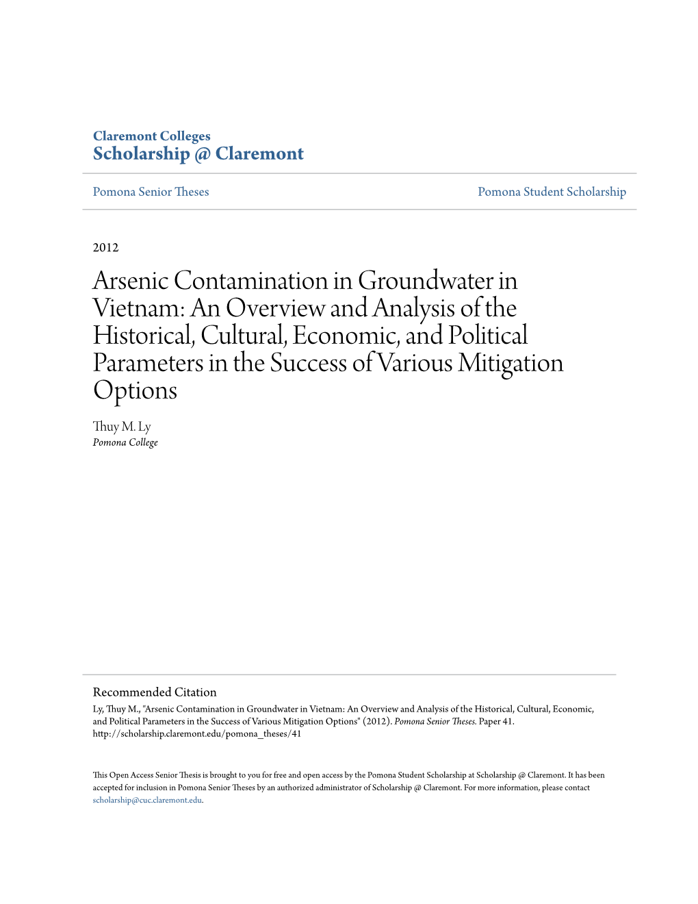 Arsenic Contamination in Groundwater in Vietnam