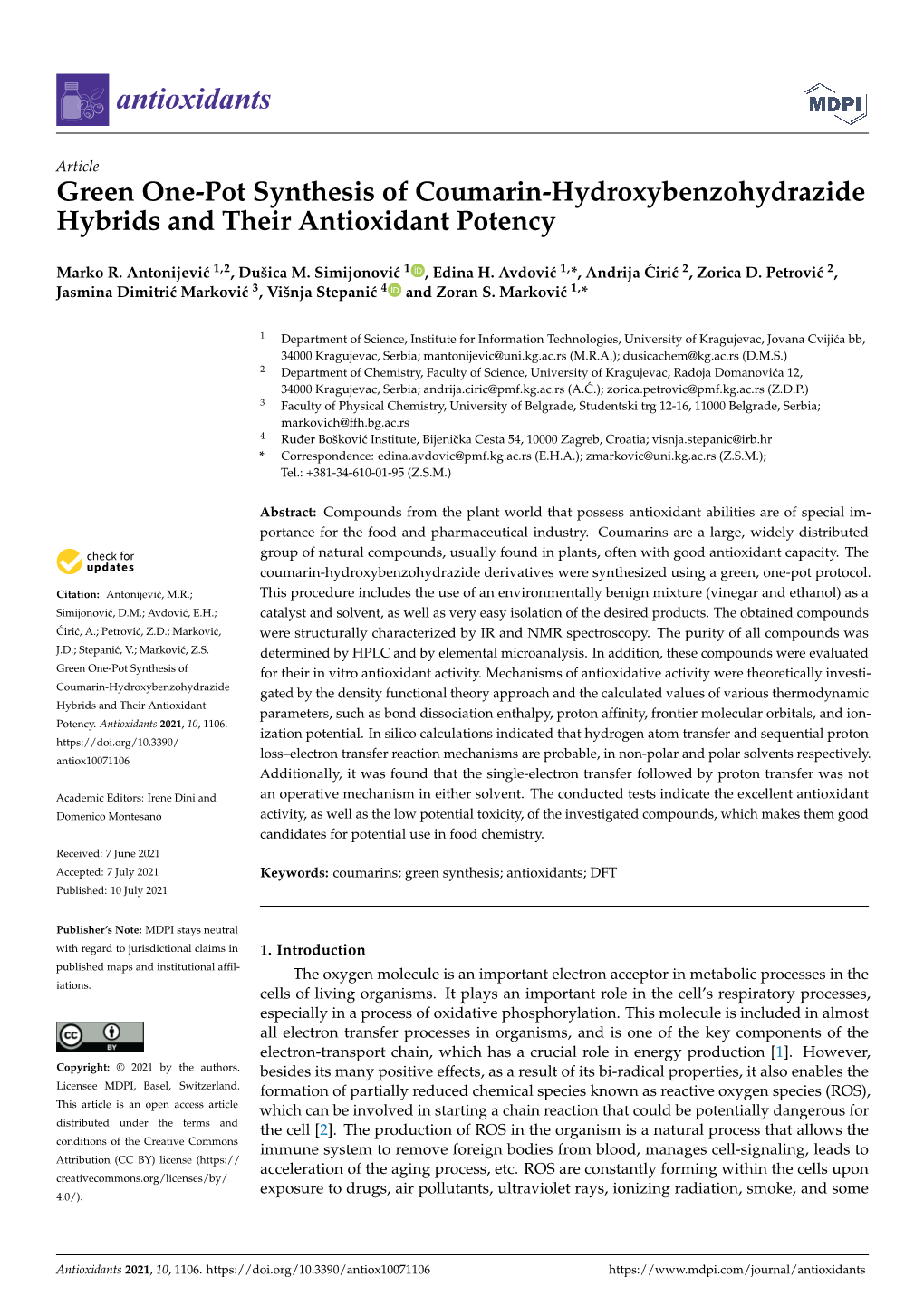 Green One-Pot Synthesis of Coumarin-Hydroxybenzohydrazide Hybrids and Their Antioxidant Potency