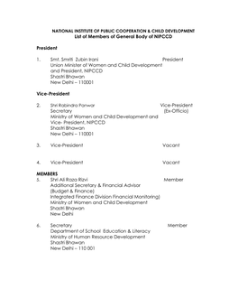 List of Members of General Body of NIPCCD President 1. Smt. Smriti