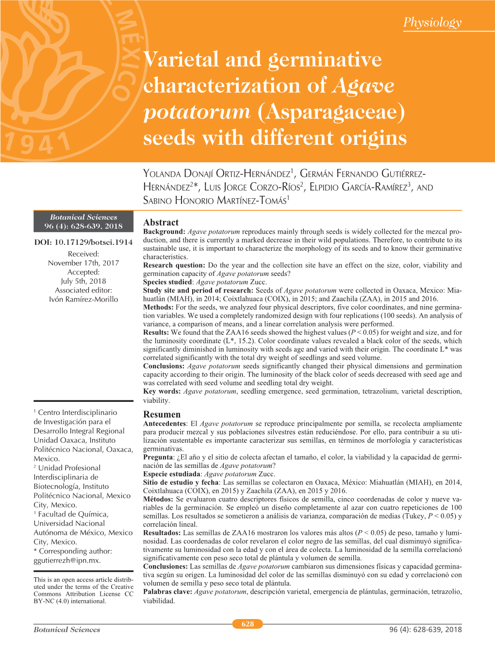 Varietal and Germinative Characterization of Agave Potatorum (Asparagaceae) Seeds with Different Origins