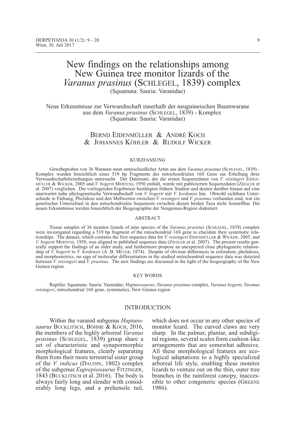 New Findings on the Relationships Among New Guinea Tree Monitor Lizards of the Varanus Prasinus (S Chlegel , 1839) Complex (Squamata: Sauria: Varanidae)