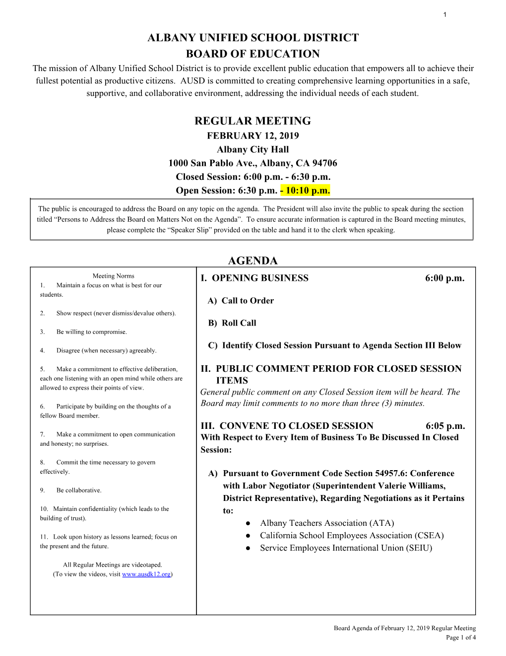 Albany Unified School District Board of Education Regular Meeting Agenda