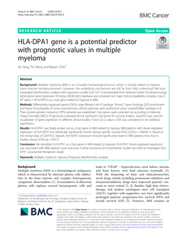 HLA-DPA1 Gene Is a Potential Predictor with Prognostic Values in Multiple Myeloma Jie Yang, Fei Wang and Baoan Chen*