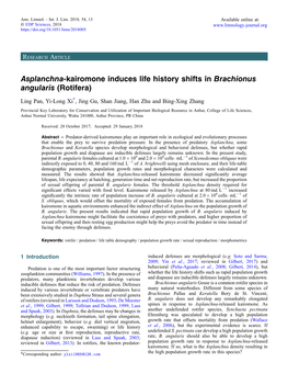 Asplanchna-Kairomone Induces Life History Shifts in Brachionus Angularis (Rotifera)