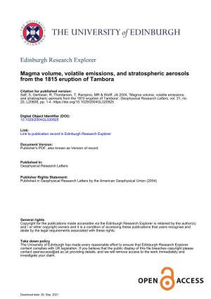 Magma Volume, Volatile Emissions, and Stratospheric Aerosols from the 1815 Eruption of Tambora