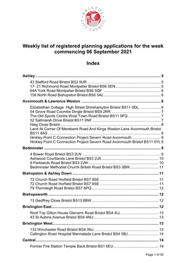 Weekly List of Registered Planning Applications for the Week Commencing 06 September 2021
