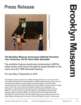 The Brooklyn Museum Announces Nobody Promised You Tomorrow: Art 50 Years After Stonewall