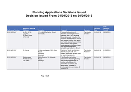 Planning Applications Decisions Issued Decision Issued From: 01/09/2016 To: 30/09/2016