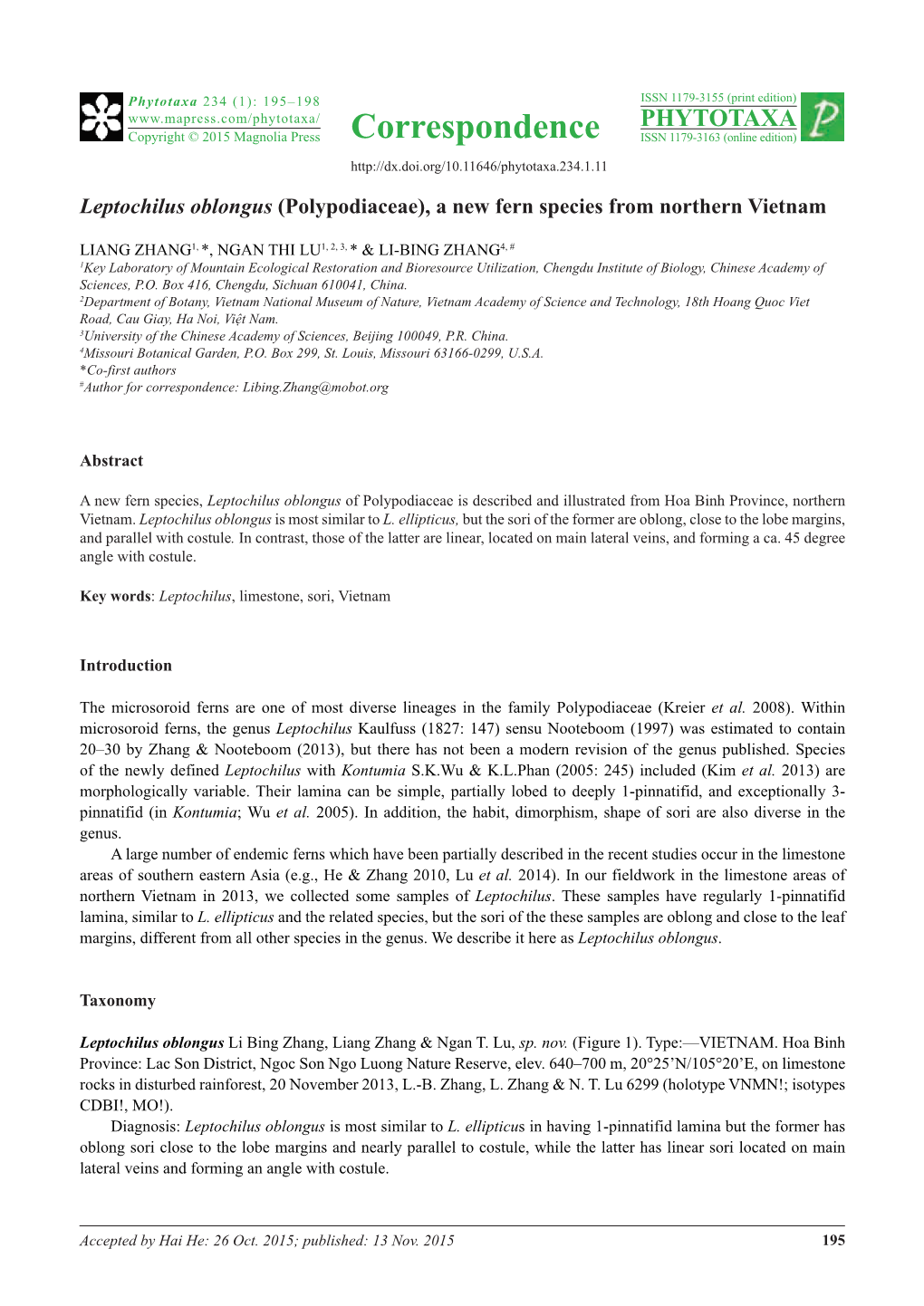 Leptochilus Oblongus (Polypodiaceae), a New Fern Species from Northern Vietnam