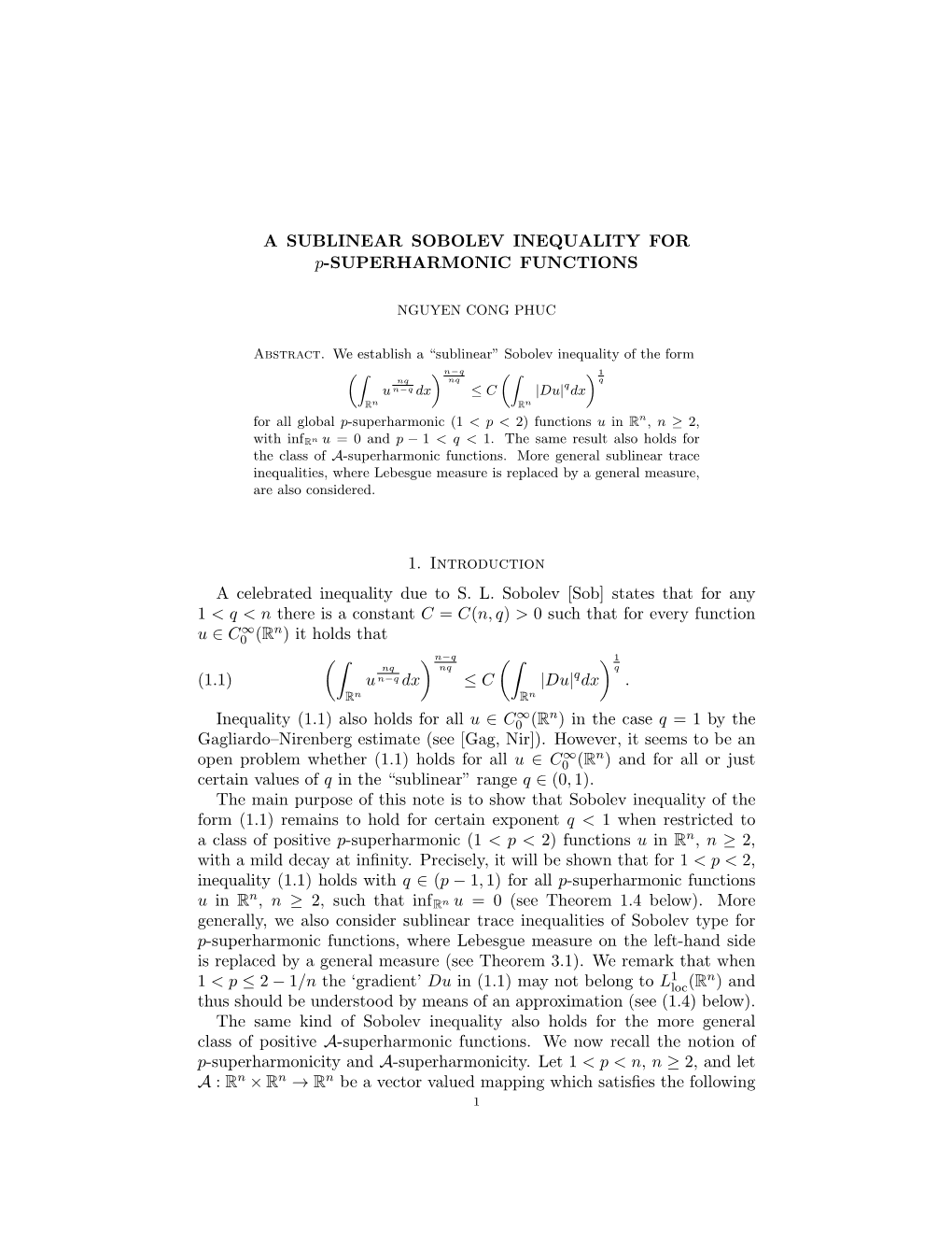 “Sublinear” Sobolev Inequality of the Form (