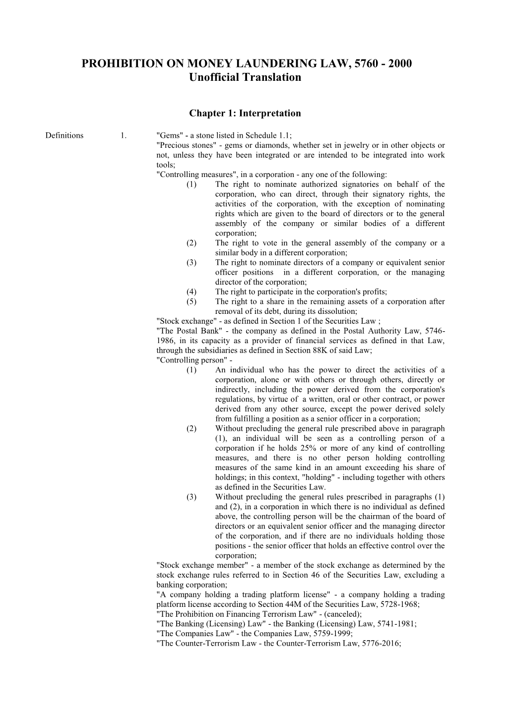 PROHIBITION on MONEY LAUNDERING LAW, 5760 - 2000 Unofficial Translation