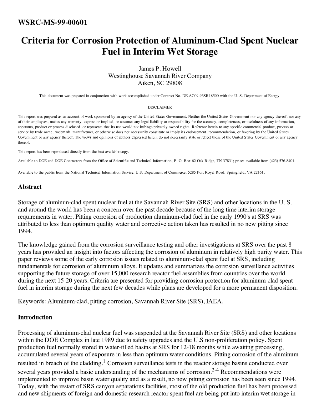 Criteria for Corrosion Protection of Aluminum-Clad Spent Nuclear Fuel in Interim Wet Storage