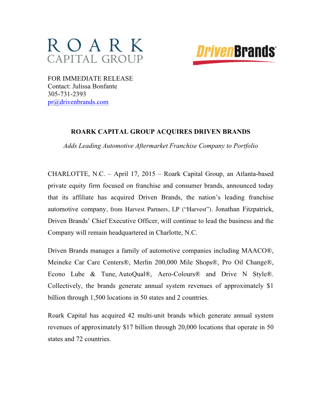 Roark Capital Group Acquires Driven Brands