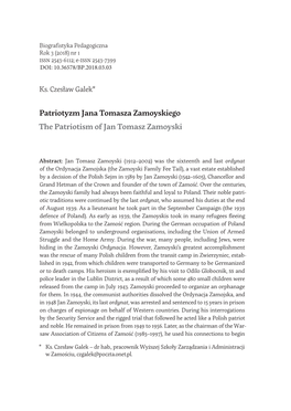 Patriotyzm Jana Tomasza Zamoyskiego the Patriotism of Jan Tomasz Zamoyski