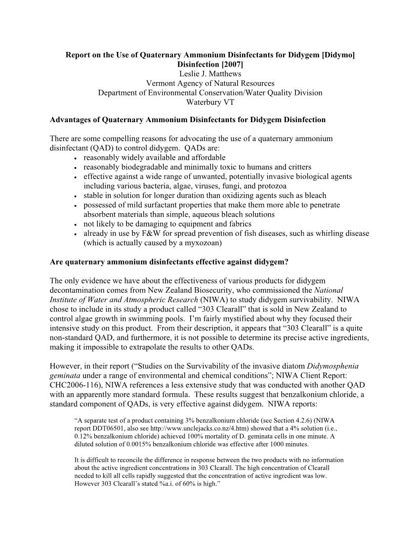 Report on the Use of Quaternary Ammonium Disinfectants for Didygem [Didymo] Disinfection [2007] Leslie J