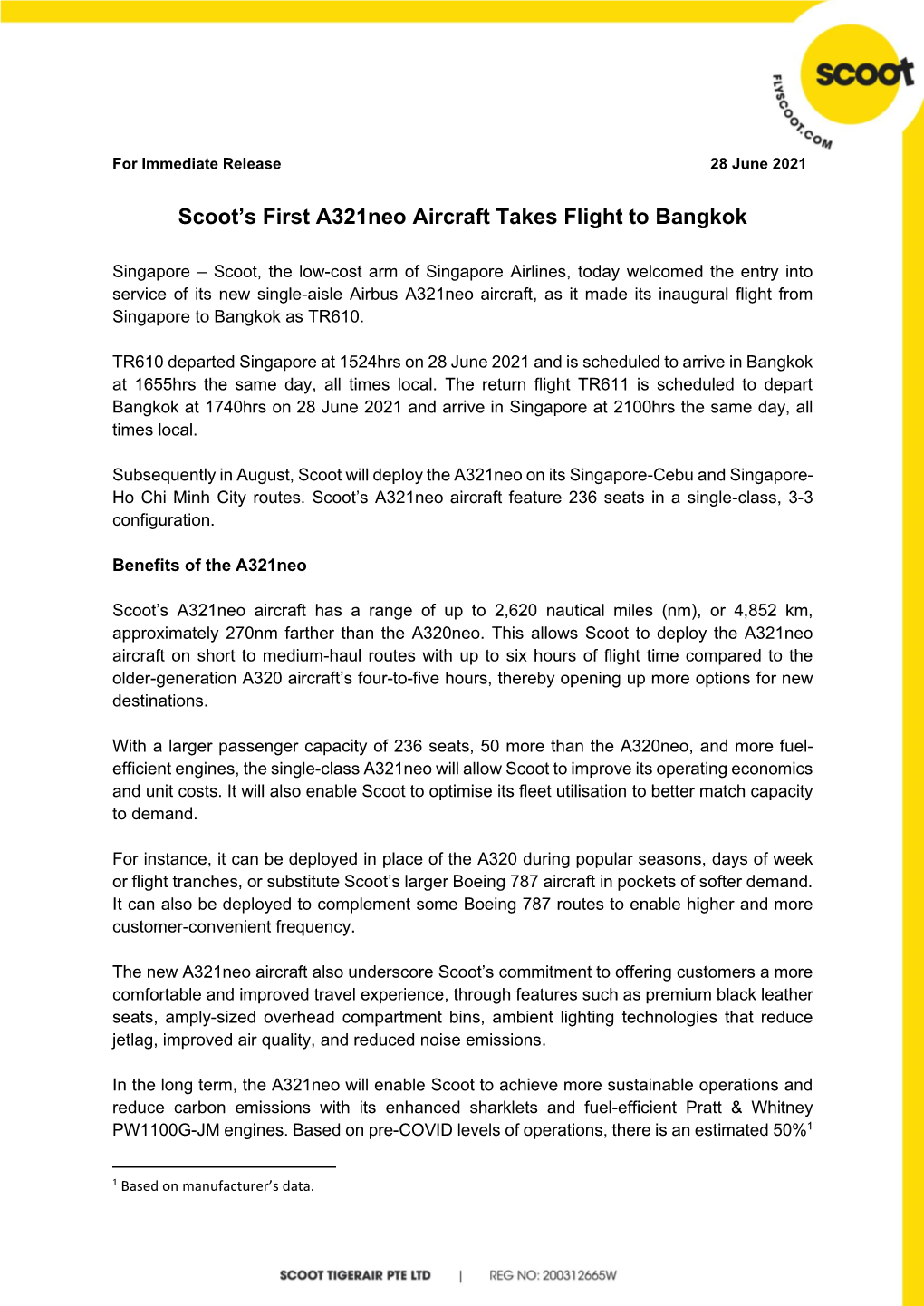 Scoot's First A321neo Aircraft Takes Flight to Bangkok