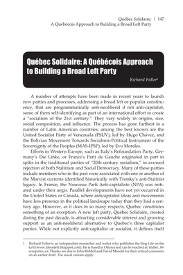 Québec Solidaire: | 147 a Québécois Approach to Building a Broad Left Party