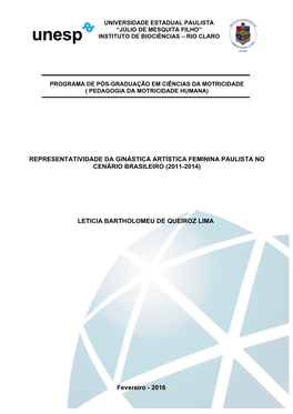 Representatividade Da Ginástica Artística Feminina Paulista No Cenário Brasileiro (2011-2014) Leticia Bartholomeu De Queiroz