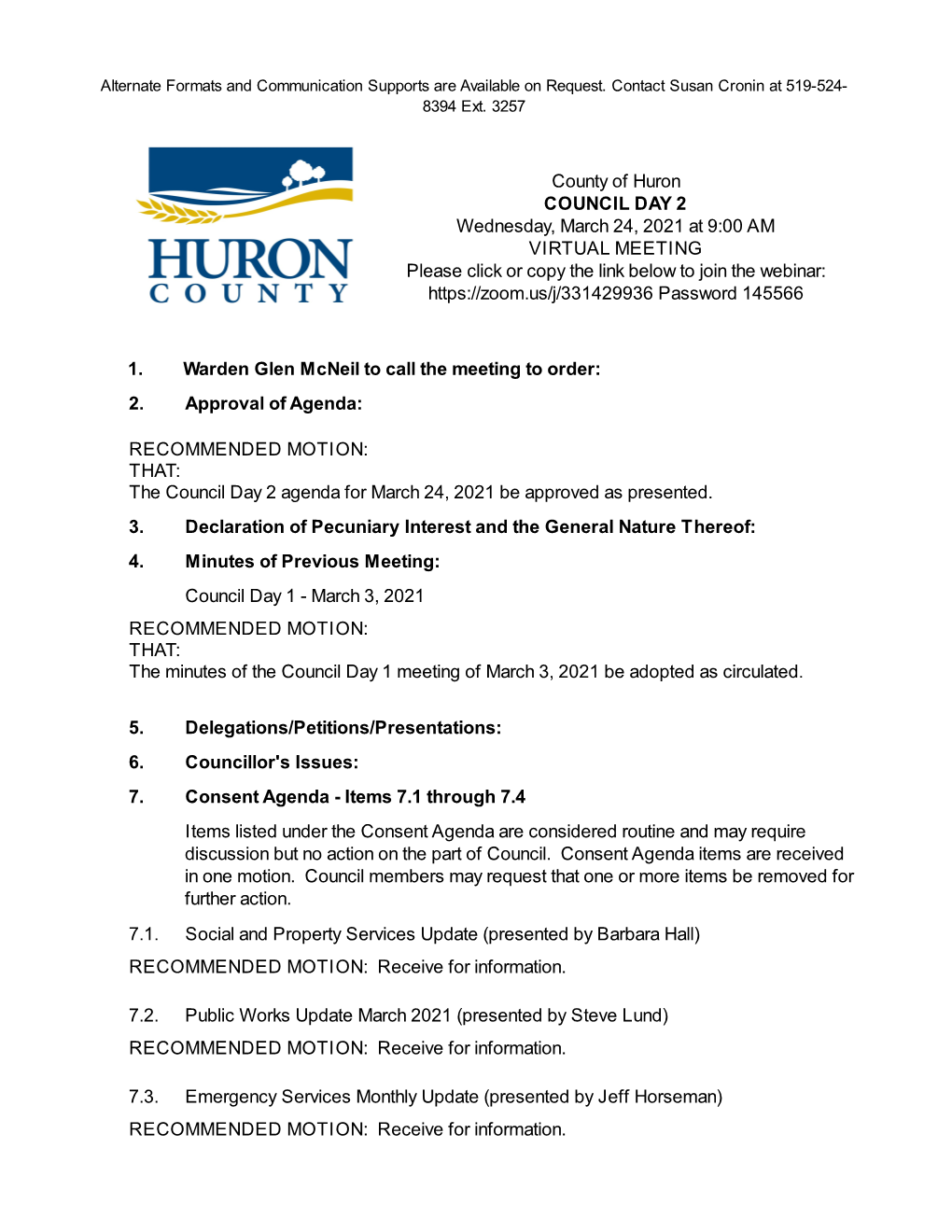 County of Huron COUNCIL DAY 2 Wednesday, March 24, 2021 at 9