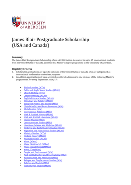 James Blair Postgraduate Scholarship (USA and Canada)