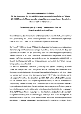 Entscheidung Über Die UVP-Pflicht Für Die Anbindung Der