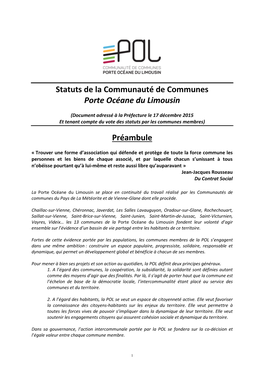 Statuts De La Communauté De Communes Porte Océane Du Limousin