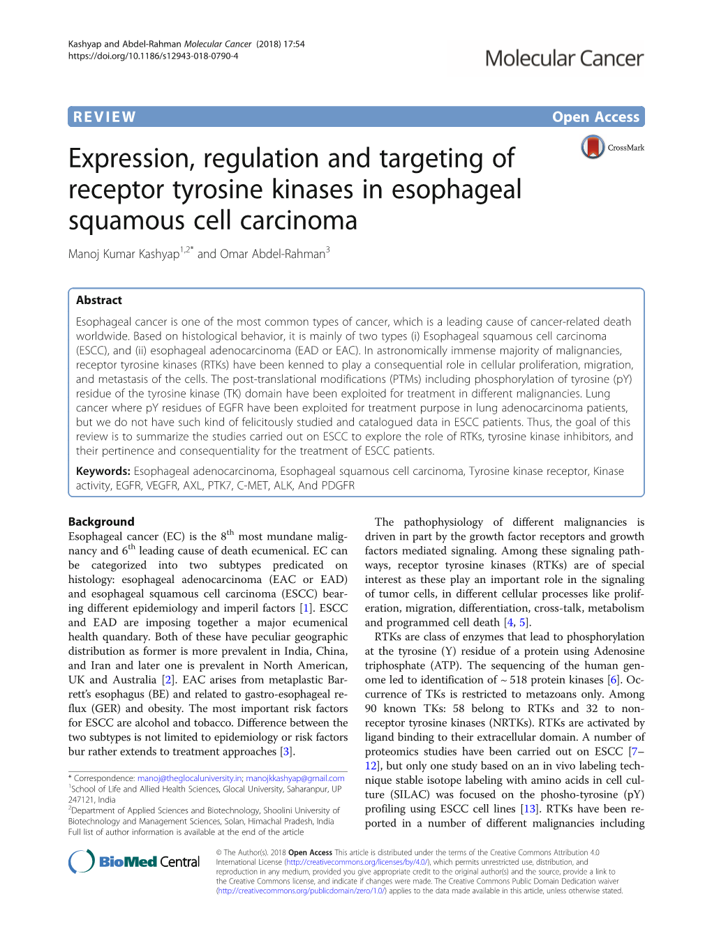 Expression, Regulation and Targeting of Receptor Tyrosine Kinases in Esophageal Squamous Cell Carcinoma Manoj Kumar Kashyap1,2* and Omar Abdel-Rahman3