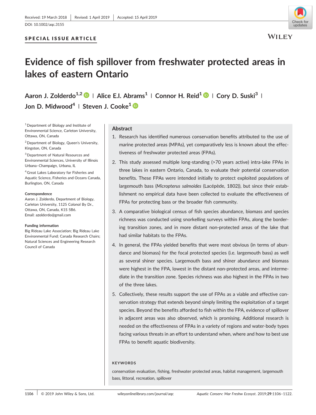 Evidence of Fish Spillover from Freshwater Protected Areas in Lakes of Eastern Ontario