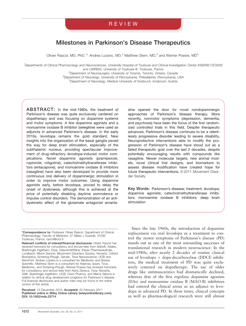 Milestones in Parkinson's Disease Therapeutics