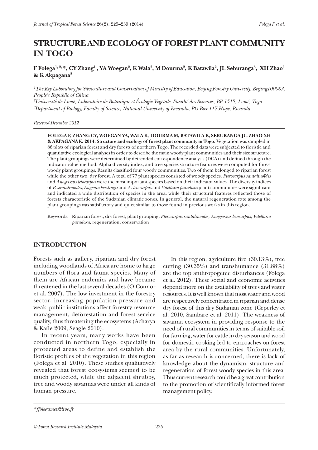 Structure and Ecology of Forest Plant Community in Togo