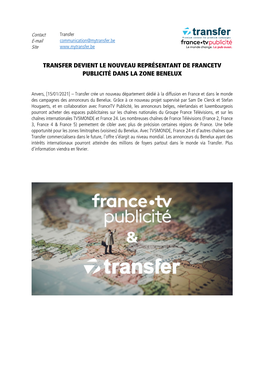 Transfer Devient Le Nouveau Représentant De Francetv Publicité Dans La Zone Benelux