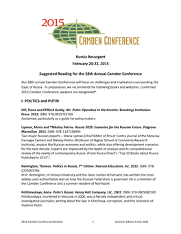 Russia Resurgent February 20-22, 2015 Suggested Reading for the 28Th Annual Camden Conference I. POLITICS and PUTIN