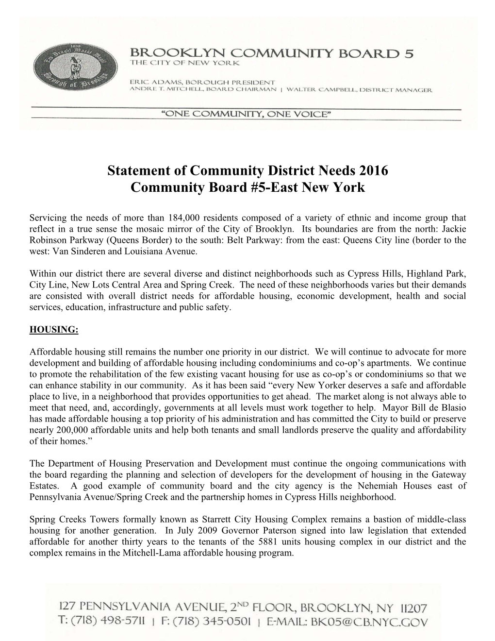 Statement of Community District Needs 2016 Community Board #5-East New York