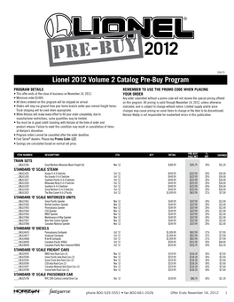 Lionel 2012 Volume 2 Catalog Pre-Buy Program