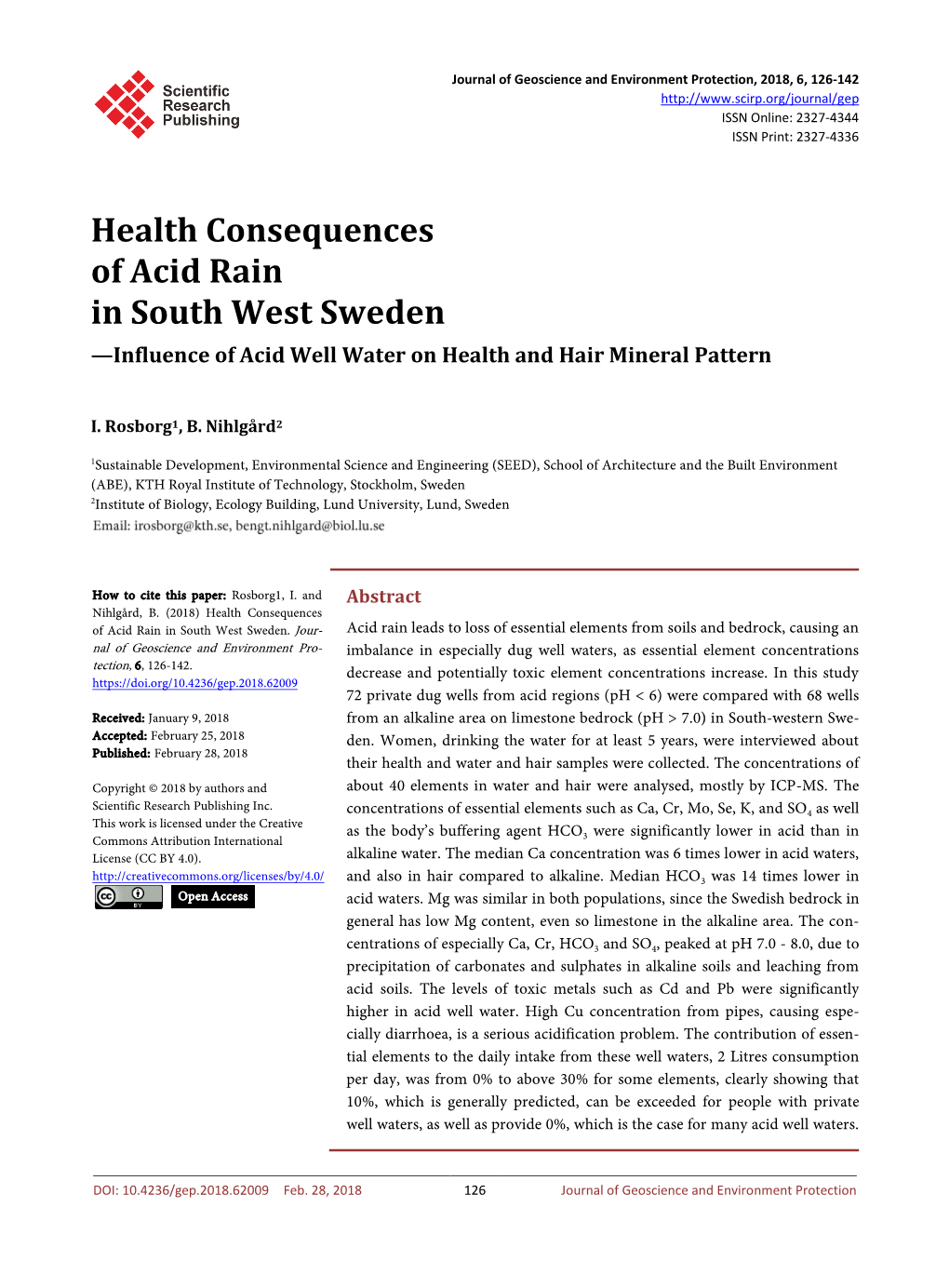 Health Consequences of Acid Rain in South West Sweden —Influence of Acid Well Water on Health and Hair Mineral Pattern