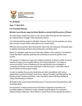 17 April 2015 for Immediate Release Minister Lynne Brown Appoints
