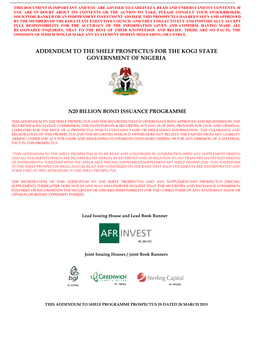 Addendum to the Shelf Prospectus for the Kogi State Government of Nigeria