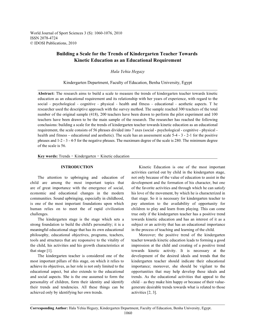 Building a Scale for the Trends of Kindergarten Teacher Towards Kinetic Education As an Educational Requirement