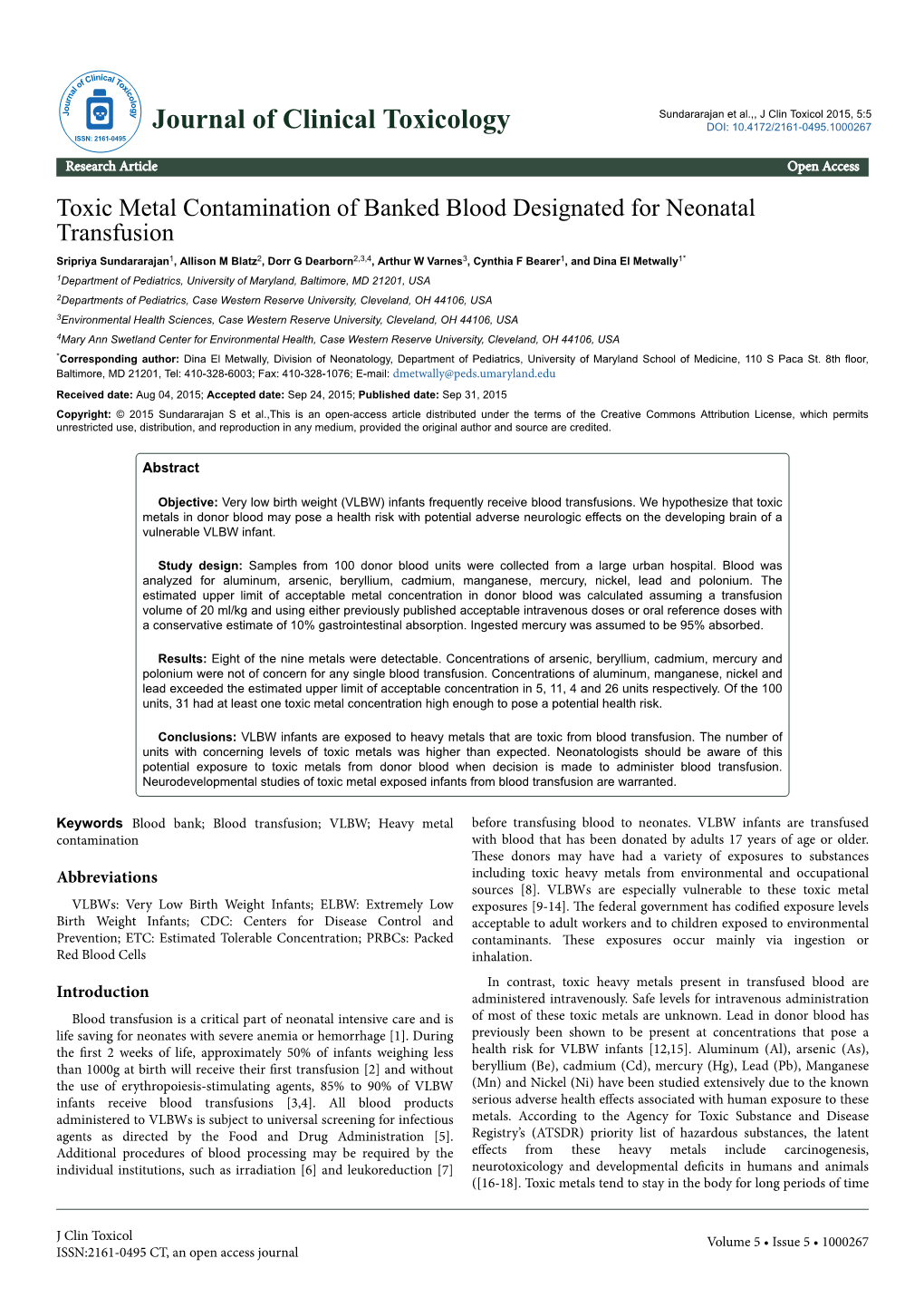 Toxic Metal Contamination of Banked Blood Designated for Neonatal